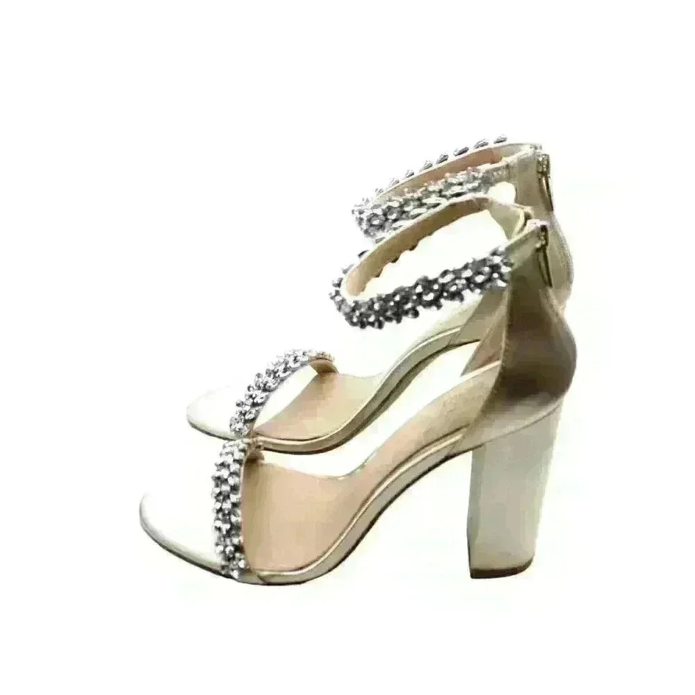 Crystal-Embellished White Block Heel Sandals - Picture 6 of 8